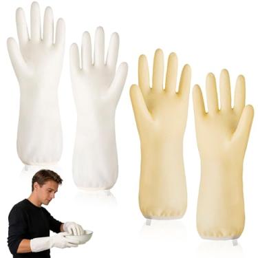Imagem de Luvas de borracha para limpeza 2 conjuntos - suporte de cozinha e uso doméstico à prova d'água com antiderrapante, reutilizável e confortável (branco + amarelo)