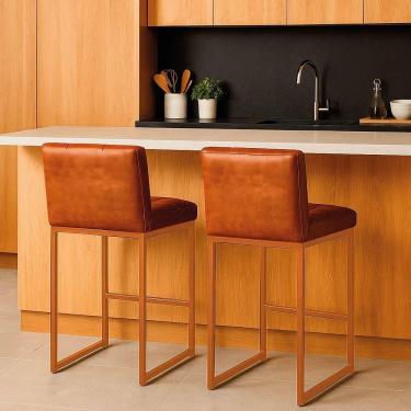 Imagem de Banqueta Cozinha Alta Com Encosto Industrial Kit 2 Bronze Lirina Pu Nozes C05 - D`rossi