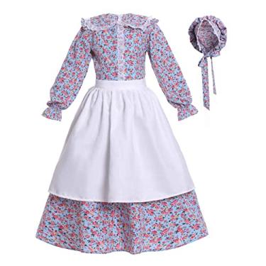 Imagem de Vibsion Fantasia De Pioneira Para Meninas, Vestido Peregrina, Floral Crianças, Vila Colonial, Conjunto Avental E Touca Azul