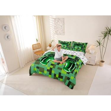 Imagem de Manfei Jogo de cama solteiro para meninas, jogo de cama solteiro, gamepad, videogame, mineiros, xadrez, luzes neon, blocos pixelados, decoração de quarto, capa de edredom verde ciano, 1 fronha (sem