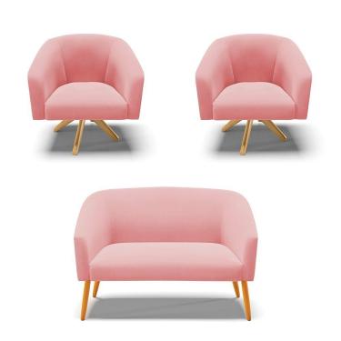 Imagem de Kit 1 Namoradeira E 2 Poltronas Giratória Rosê Base Madeira