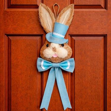 Imagem de Decoração Páscoa Pendente Cabeça Coelho Com Laço Palha 85cm