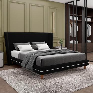 Imagem de Conjunto Cama Com Cabeceira King Torres Pés Em Madeira Veludo Preto G91 - Gran Belo