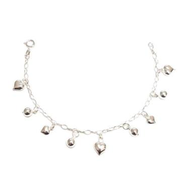 Imagem de Pulseira Prata Berloque Com 5 Corações E 4 Bolas 5Mm