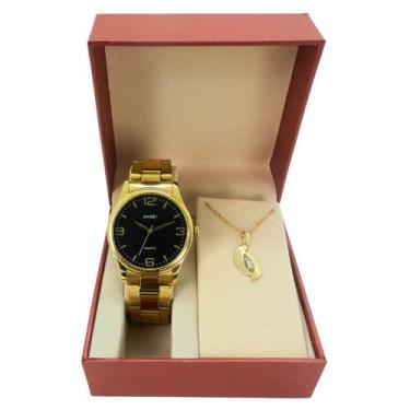 Imagem de Kit Relógio Feminino Skmei SK003 Dourado Analógico  Colar Brinde  Soci