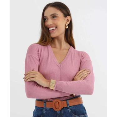 Imagem de Suéter Feminino Decote V Nervura Marisa Rosa-52073, Rosa, GG