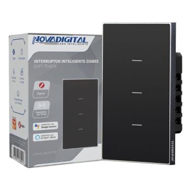 Imagem de Interruptor Inteligente Zigbee Linha Quartzo Novadigital 10 A 3 Botões Preto QZ-3B