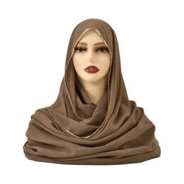 Imagem de Lenço Hijab De Chiffon Com Strass Para Mulheres, Xale Elástico Liso, F