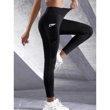 Imagem de Leggings De Cintura Alta Em Cor Sólida Para Mulheres Com Bolsos Latera