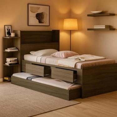 Imagem de Bicama Solteiro Isa com cama auxiliar Gavetas Nicho Bau e Prateleiras 