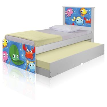 Imagem de Bicama Juvenil Solteiro Barcelona Fundo do Mar Peixinhos com Colchões Espuma D20 MDF MDP Branco