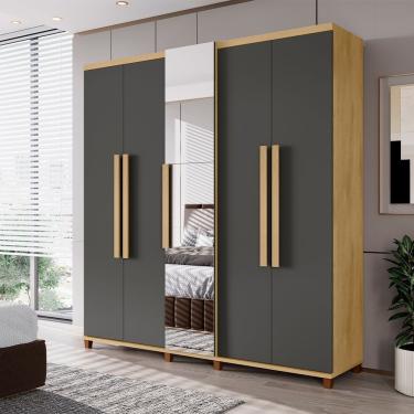 Imagem de Guarda Roupa Munique Ii 5 Portas 3 Gavetas Com Espelho E Sapateira Para Casal - Cinamomo/grafite