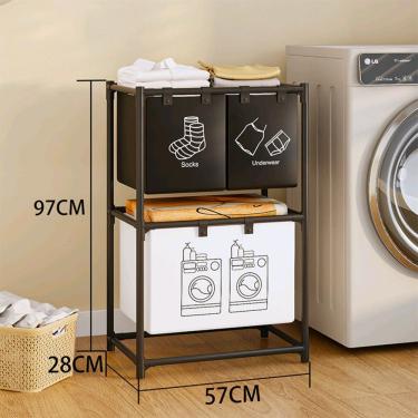 Imagem de Cesto Organizador de Roupas Lavanderia com 3 Cestos Individuais Removíveis em TNT Plástico e Metal para Lavanderia Preto