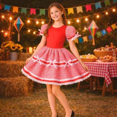Imagem de Vestido Caipira Infantil Xadrez Vermelho com Laços e Renda - Arraial F