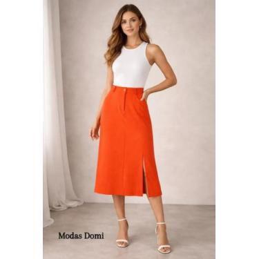 Imagem de MODAS DOMI Saia Midi Alfaiataria Com Fenda Lateral 0125, Laranja, M