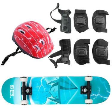 Imagem de Skate Semi Pro + Kit Proteção Completo Estampa Raio Belfix, Vermelho