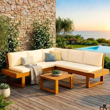 Imagem de Conjunto Sofá Modular de Canto Jardim Luise Madeira Maciça Estofado Acquablock Impermeavel Branco Dkadidecor