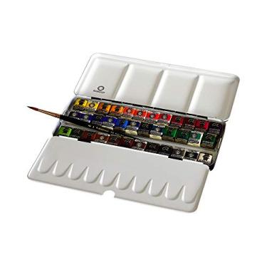 Imagem de Conjunto de viagem de aquarela com 36 meias de 36 bandejas da Talens Rembrandt em lata de metal com pincel de zibelina