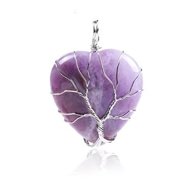 Imagem de Colar com pingente de quartzo de cristal natural feito à mão com pingente de árvore da vida, colar de prata envoltório de chacra, espírito de cura, pedra poderosa de cristal de cura