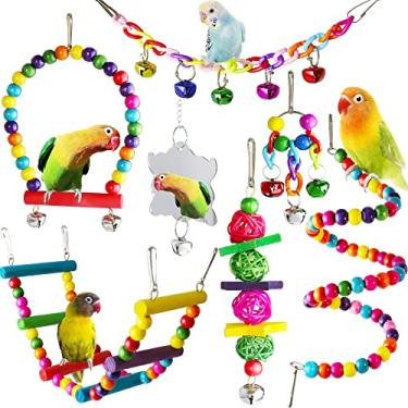 Imagem de Brinquedos de periquito de pássaros, gaiola de papagaios, rede de balanço para escalada, poleiro de madeira, brinquedo de mastigar para periquito, conures, pássaros do amor, periquitos