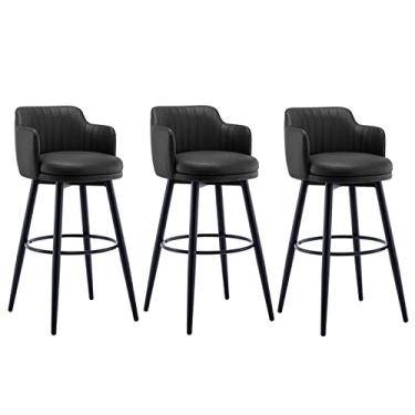 Imagem de 65 Cm Banqueta De Barra Giratória Conjunto De 3 Com Cadeira De Barra De Ilha De Cozinha Lombar, Altura Do Balcão Com Braços, Assento Estofado De Cromo De Couro Nappa, Para Barras, Café, Lounge, Pubs