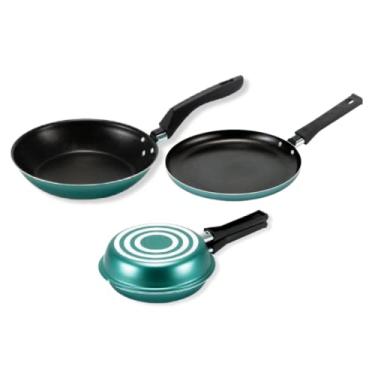 Imagem de Jogo Panquequeira 22cm + Omeleteira 18cm + Frigideira Francesa 22cm Antiaderente Verde Não Gruda Kit Conjunto Turquese