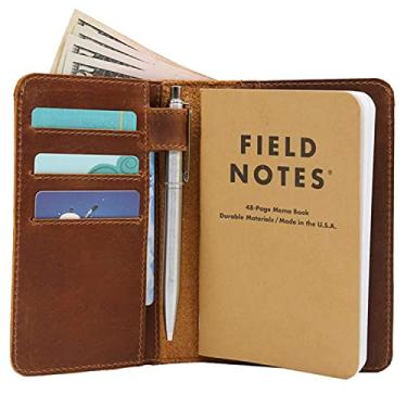 Imagem de Capa carteira de couro para notas de campo – caderno de bolso, serve para cadernos de 8,9 cm x 14 cm, bolso separado para dinheiro, couro de grão superior de verdade, vários bolsos para funcionalidade