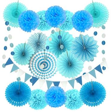 Imagem de ZERODECO decoração de festa, 21 peças de ventiladores de papel para pendurar, flores de pompons de pompons, flores de cordão de guirlanda bolinhas e bandeiras triangulares para festas de aniversário, Azul