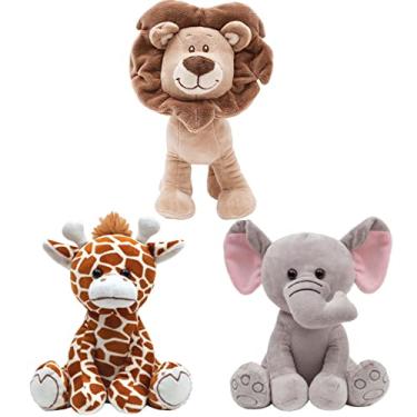 Imagem de Kit 3 Pelúcias Safari Leãozinho Girafa e Elefante para Bebês Buba Bichinhos para Decoração de Quarto Bebê e infantil
