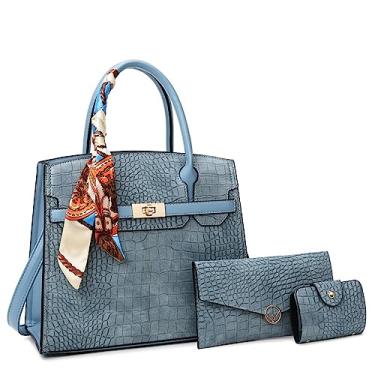 Imagem de Bolsa feminina de couro com alça superior com estampa de crocodilo bolsa feminina com bolsa de mão com embreagem conjunto de 3 peças, Azul