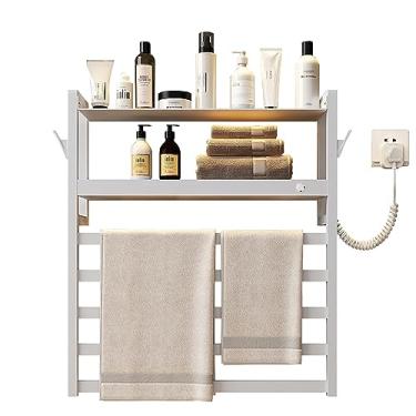 Imagem de Aquecedor de Toalhas Elétrico Com Timer Banheiro 5 Barras Aço Inoxidável Trilhos Aquecidos Com Gancho Montagem Na Parede Termostato Secador,White,58 * 66 * 15cm