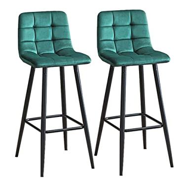 Imagem de Cadeiras de jantar cadeiras de sala de jantar banquetas de bar elegantes cadeiras de balcão de cozinha conjunto de 2 cadeiras de bar de café da manhã de veludo com pernas e encosto de metal, bancos altos para cozinha ilha/bar doméstico, altura do assento 75 cm