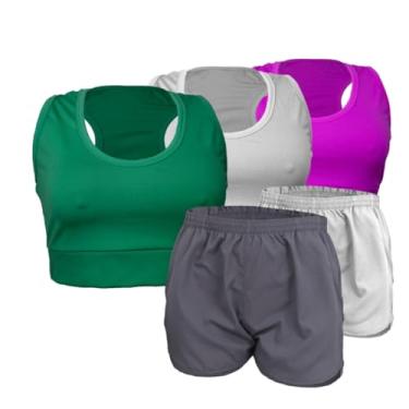 Imagem de 3 Tops Academia Nadador Suplex Sem Bojo + 2 Bermudas Tactel Feminina Fitness (G, Verde-Branco-Roxo-Cinza-Branco)