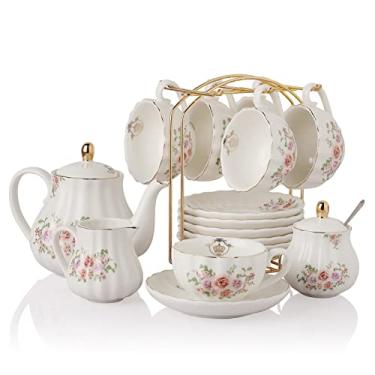 Imagem de Jogo de chá de porcelana série British Royal, xícaras de 236 ml e pires para 6, com bule, açucareiro, leiteira, colheres de chá e infusor, adequado para chá da tarde, casamento, festa, flor rosa
