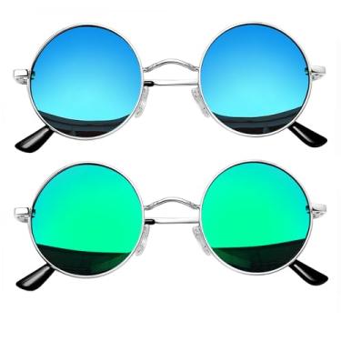 Imagem de Joopin Óculos de Sol Redondo Masculinos Femininos Polarizado, Pequeno Círculo Hippie Vintage Retrô Steampunk Metal Óculos de Sol (Azul + Verde)