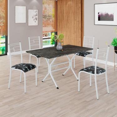 Imagem de Conjunto Sala de Jantar Mesa Retangular 120x75cm Tampo Pedra Ardósia Indiana 4 Cadeiras Paraty Preto Floral / Branco