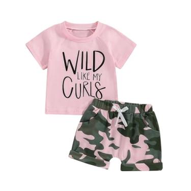Imagem de WZTYYDS Roupas infantis de verão para bebês meninas 1T 2T 3T 4T 5T camiseta manga curta camiseta top camuflagem shorts roupas, E - rosa, 3-4 Anos
