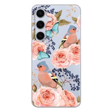 Imagem de Blingy's Capa para Samsung Galaxy S24, pássaro floral fofo com design de flor de rosa desenho animado estilo animal transparente macio TPU capa transparente 6,2 polegadas (pássaros e borboletas)
