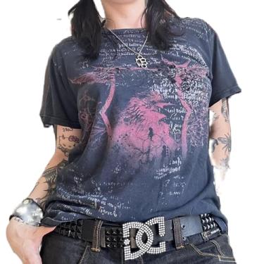 Imagem de Camiseta feminina Y2K Fairy Grunge manga curta grande camiseta gráfica estética vintage gótica harajuku punk blusa larga, E-retrô azul escuro, M
