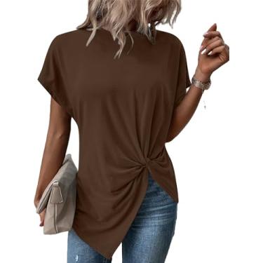 Imagem de Remidoo Camiseta feminina com bainha assimétrica, gola redonda, manga curta, nó torcido, Marrom café, GG