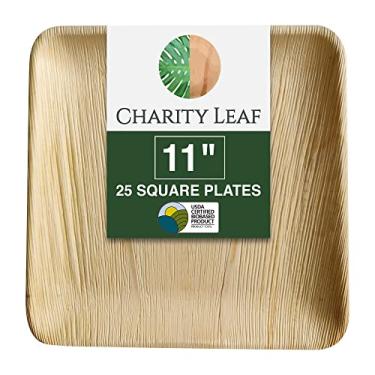 Imagem de Charity Leaf Pratos quadrados descartáveis de folha de palmeira de 28 cm (25 peças) Travessas de servir como bambu, tábuas descartáveis, louça ecológica para casamentos, catering, eventos