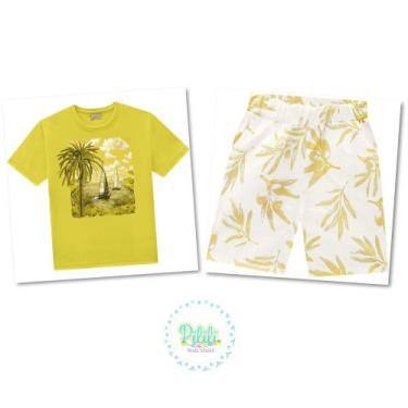 Imagem de Conjunto Menino Kyly Camiseta Algodão Bermuda Sarja Amarelo/Off White