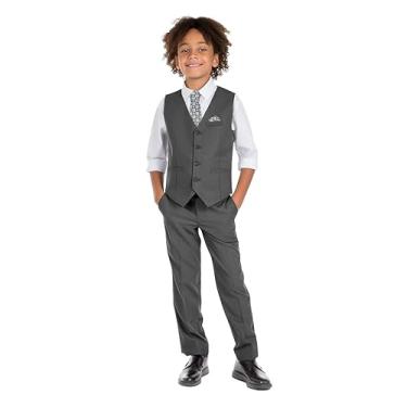 Imagem de Marvelous Kids Conjunto de terno slim fit formal de 6 peças para meninos, colete, calça, camisa social, gravata, bolso quadrado e gravata borboleta, Cinza escuro - V, 16