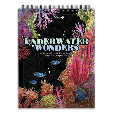 Imagem de ColorIt Livro de colorir para adultos Underwater Wonders, 50 páginas para colorir sob o mar, EUA impresso com encadernação em espiral, capa dura e mata-borrão de tinta, para artes e artesanato, livro de colorir do oceano para adultos