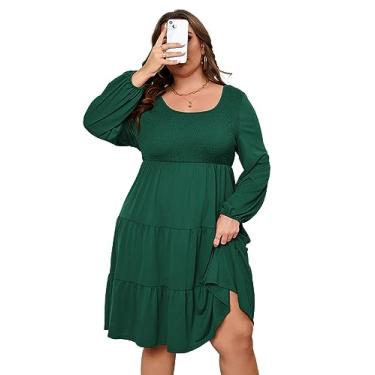 Imagem de KOJOOIN Vestido feminino plus size manga lanterna longa gola canoa cintura alta babados casual vestido midi, Manga comprida, verde escuro, 5G