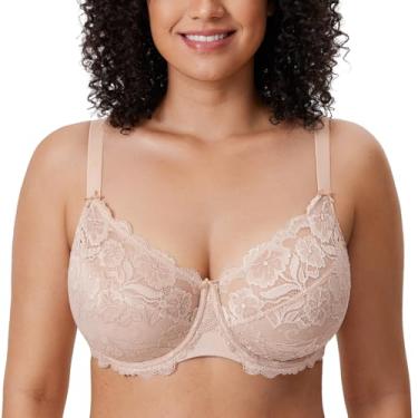 Imagem de DELIMIRA Sutiã com aros com cobertura total feminina sem espuma de renda floral plus size Bege 40DD