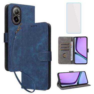 Imagem de IUQXU Capa carteira para celular Realme C67 4G com protetor de tela [bloqueio RFID] Suporte de cartão flip de couro com alça de pulso feminina masculina capa de celular para Realme C 67 4G LTE azul