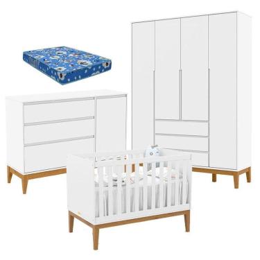 Imagem de Quarto De Bebê Nature Clean 4 Portas Com Berço Unique Branco Soft Eco Wood E Colchão Ortobom