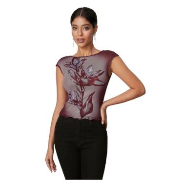 Imagem de WDIRARA Camiseta feminina de malha com estampa floral casual slim fit, Vermelho, G