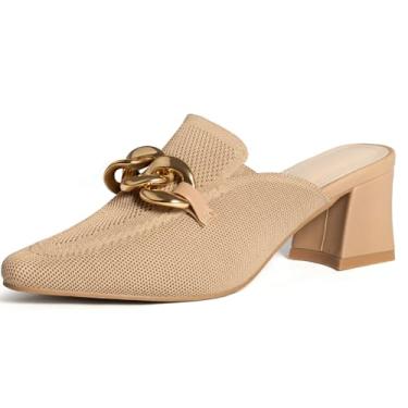 Imagem de SICARE Mules de salto para mulheres, bico fechado, salto grosso, mulas, malha elástica, bico fino, sandálias confortáveis, sem cadarço, sandálias deslizantes para negócios e uso diário, Nude., 38